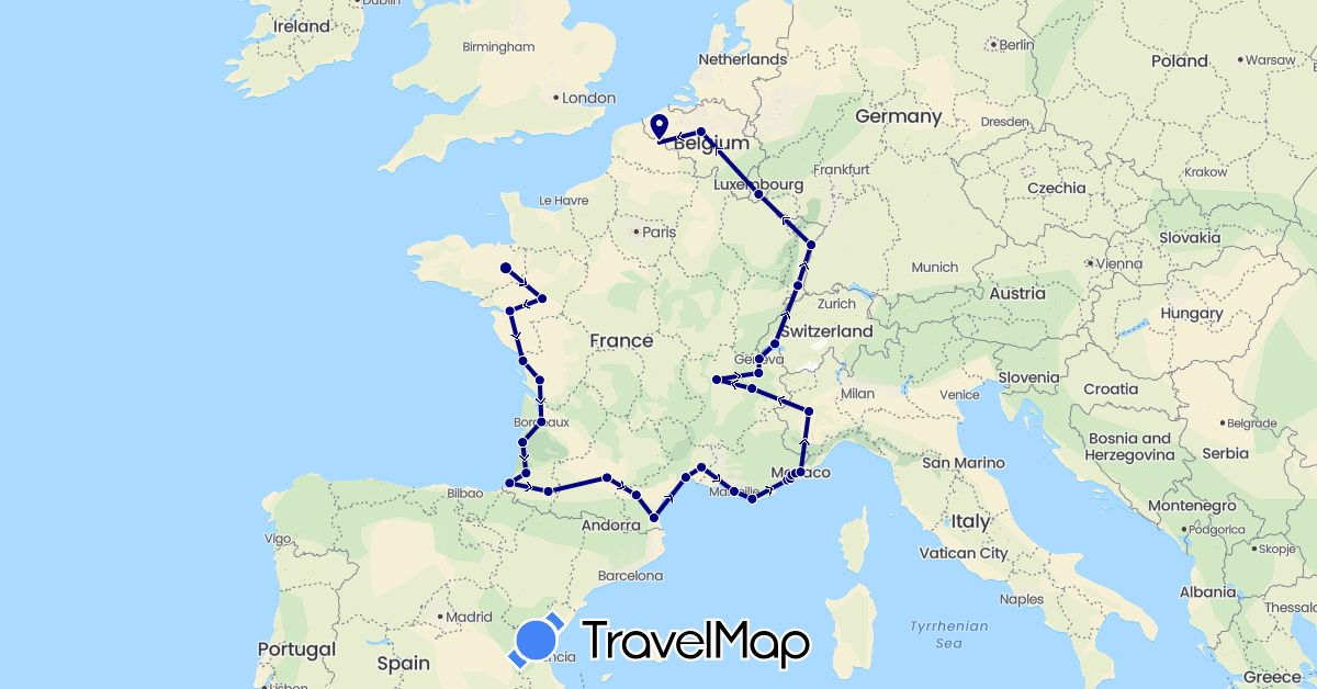 TravelMap itinerary: driving in Belgium, Switzerland, France, Italy, Luxembourg, Monaco (Europe)